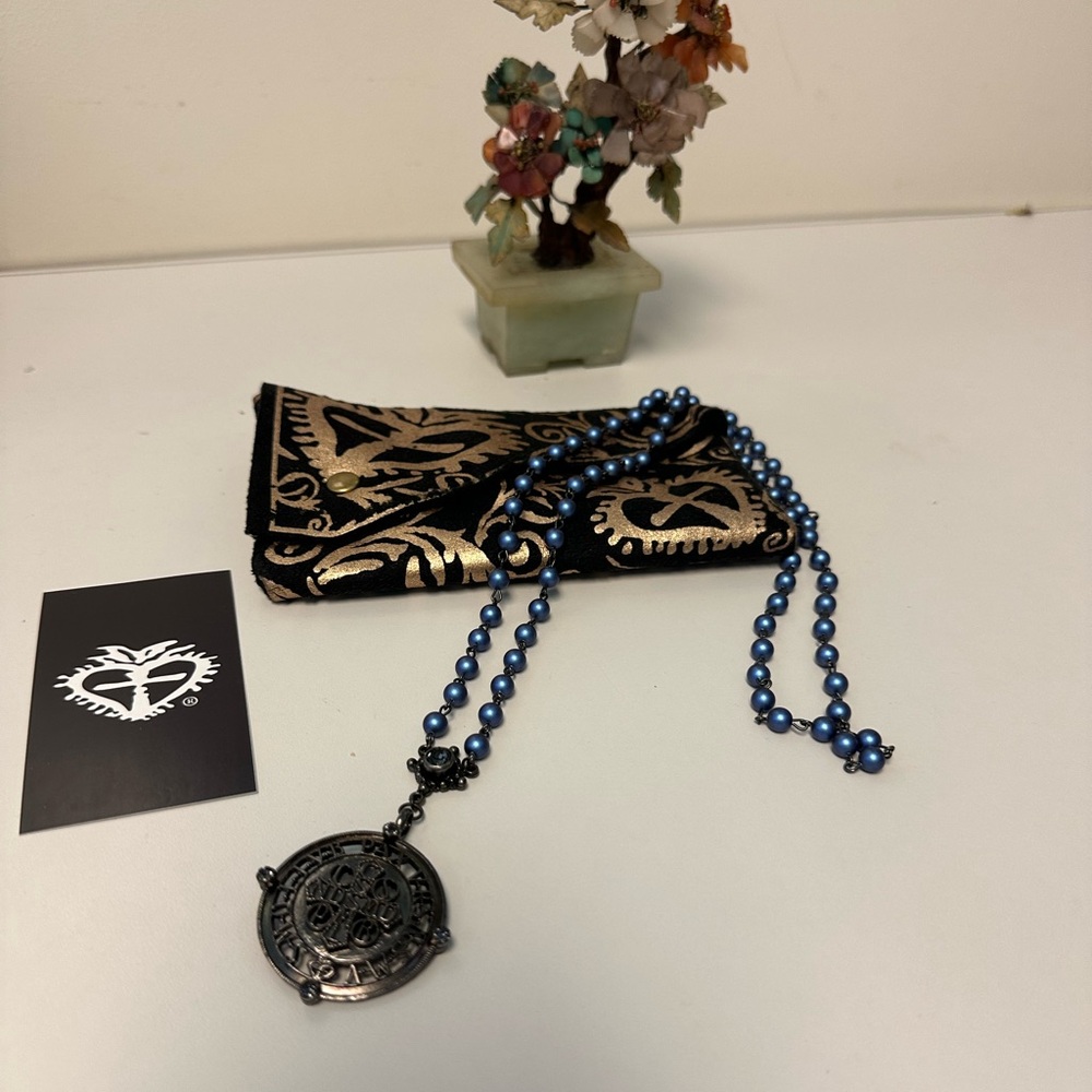 Virgins, Saints and Angels Blue Beaded Necklace with Gunmetal Black Pendant